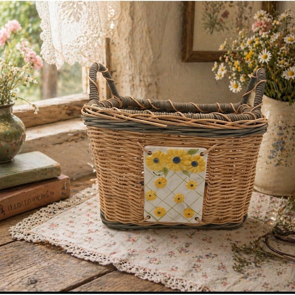 Cottage Vintage Wicker Basket Sunflower Ceramic‎ Tile - Picture 2 of 9